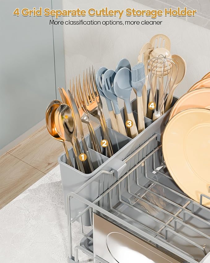 Dish Drying Rack, Dish Racks for Kitchen Counter, 304 Stainless Steel Dish Drainer Drainboard Set with Smart Drainage, 360° Adjustable Spout, Utensil Holder and Cup Holder, White