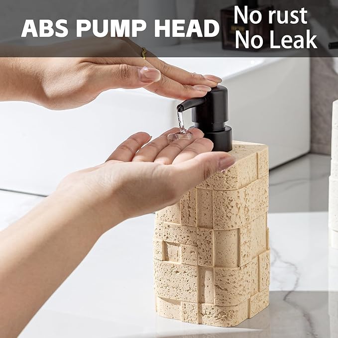 Soap Dispensers 400mL 13.5 OZ, 2 PCS Luxurious Hand Dish Lotion Shampoo Soap Dispenser Jar, Travertine Stone Look Soap Pump Bottles for Kitchen Bathroom Countertop (Yellow)
