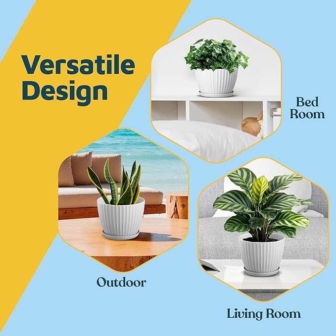 White 6-Inch Plant Pots with Drainage & Saucers 18 Pack, Indoor & Outdoor Planters for Houseplants, Herbs, and Flowers, Durable & Weatherproof Material, Stackable, Lightweight, Minimalist Design
