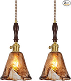 Amber Glass Vintage Pendant Light Height Adjustable Handmade Glass Pendant Lights Kitchen Island Gold Hanging Light Fixture with Wood Handle for Bedroom Dining Room Hotel (2 Pack)