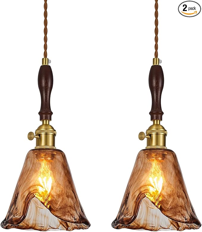 Amber Glass Vintage Pendant Light Height Adjustable Handmade Glass Pendant Lights Kitchen Island Gold Hanging Light Fixture with Wood Handle for Bedroom Dining Room Hotel (2 Pack)
