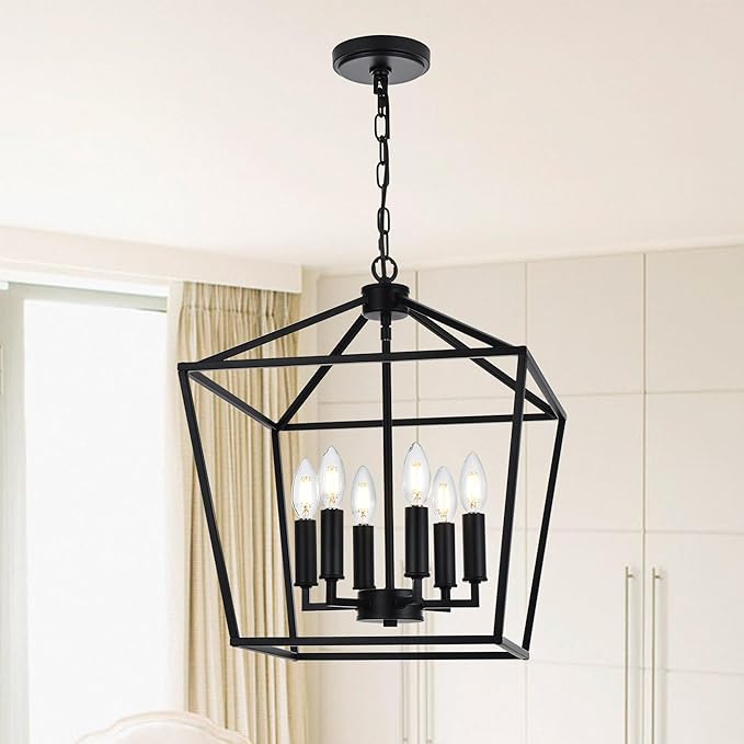 MELUCEE 6-Light Black Farmhouse Chandelier 16 Inches Cage Hanging Lights Rustic Lantern Pendant Lighting for Kitchen Island Dining Room Foyer Hallway, E12 Base