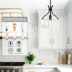 Glass Pendant Light Kitchen Island, 11.8" Industrial Hanging Light Fixture, Black Pendant Lighting with Glass Shade for Dining Room Kitchen Sink Hallway Entryway