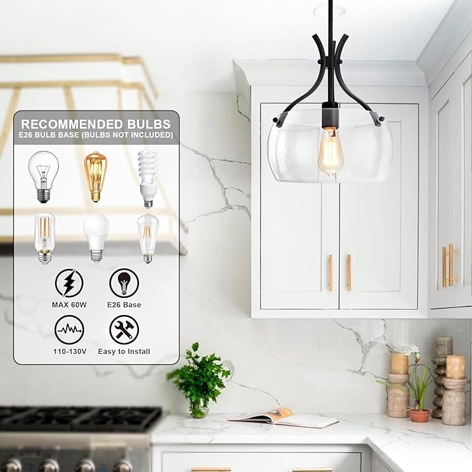 Glass Pendant Light Kitchen Island, 11.8" Industrial Hanging Light Fixture, Black Pendant Lighting with Glass Shade for Dining Room Kitchen Sink Hallway Entryway