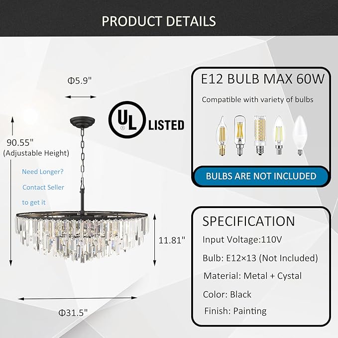 Modern Crystal Chandelier Black, 32" Round Luxury Top K9 Crystal Chandeliers 6-Tier 13 Lights Large Adjustable Height Ceiling Hanging Pendant Light Fixture for Living Room Bedroom Foyer