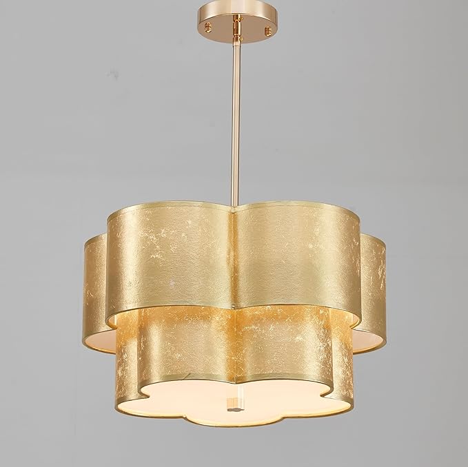 Shrine Lighting Chandeliers, Modern Design, Perfect Drum Pendant Light for Dining Room, D17.3'' × H9.4'', Adjustable 35'', 4 x E12 Sockets, Two Cloth Gold Lampshades & Gold Frame Finish