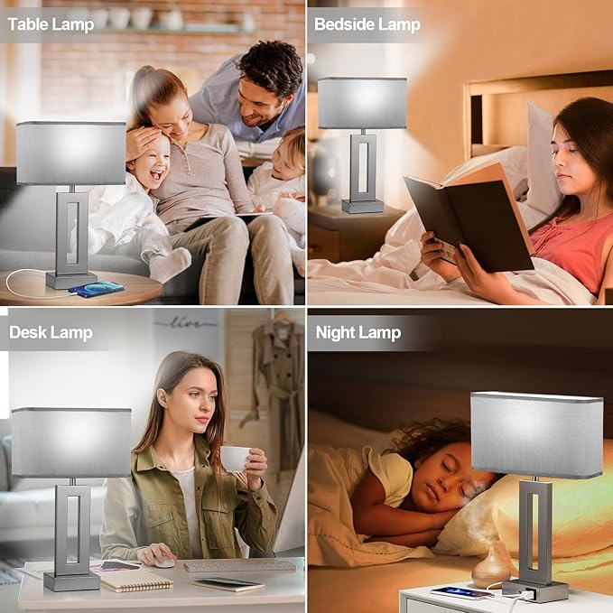Bedroom Table Lamps Set of 2 - Grey Touch Bedside Lamps with USB C+A, 3 Way Dimmable Gold Lamp for Nightstand, Modern Night Stands Lamps for Living Room End Tables