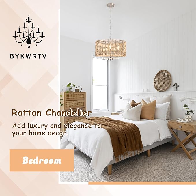 18.9'' Hand Woven Rattan Chandelier, 5-Light Rattan Pendant Light Farmhouse Chandeliers for Dining Room Light Fixture, Rustic Chandelier Wicker Hanging Pendant Lighting for Bedroom Living Room Foyer