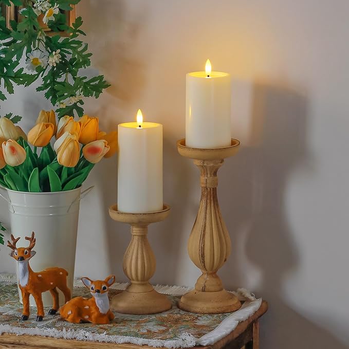 Outdoor 6pcs Flameless Waterproof Candles with Handy Remote Control, Cycle Timer Battery Operated Candle Grease Effect LED Flickering Pillar Plastic Long Lasting (Ivory, 3" x4" 5" 5" 6" 6" 7")
