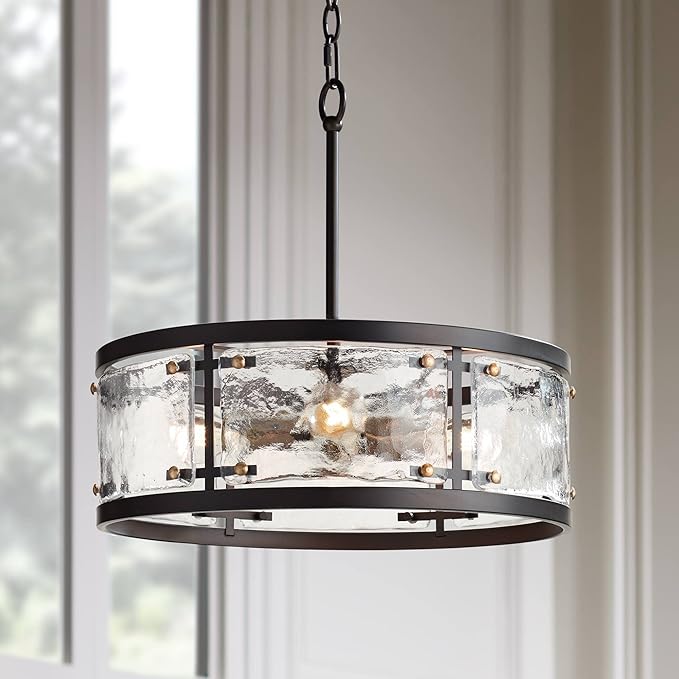 Possini Euro Design Bronze Pendant Light - 4 Light, Clear Waterglass Drum Shade, Bronze Brass Rustic Modern Pendant Light for Kitchen Islands, Dining Rooms, and Living Rooms - 19" Wide, 18 1/4" High