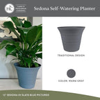 The HC Companies Sedona Round Self-Watering Pot - Lightweight Self Care Planter - Plastic Planter for Herbs & More - Durable Plant Pots for Indoor Plants & Outdoor Plants (12" Warm Gray, Pack of 2)