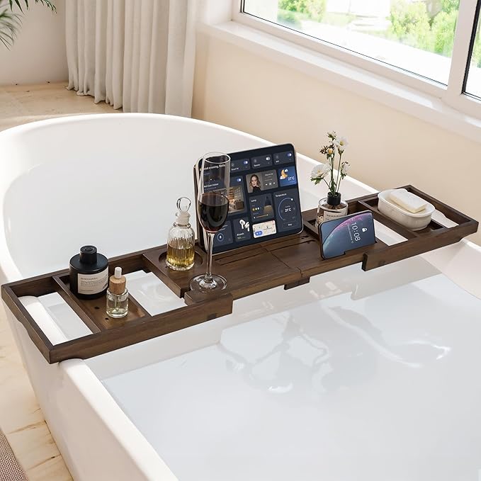 Teak Bathtub Tray Expandable Bathroom Tray for Home Spa Relaxation, Wooden Tray Caddy for Bathtub, Teak Bathtub Caddy as Unique Housewarming, Birthday, Wedding Shower Gifts (Walnut Teak)