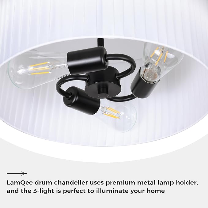 LamQee 20” Modern Drum Chandelier, 2-Tier Semi-Flush Mount Pendant Light Fixtures 3-Light with White Fabric Lampshades, Matte Black Fixtuer Hang Ceiling Lamp