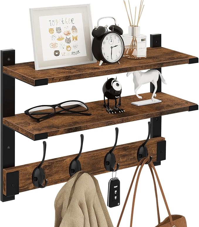 Homode Two-Tier Wall Shelf with Hooks, 17 Inch Coat Rack Wall Mount with Shelf, Wood Coat Hanger Entryway Hanging Storage Shelves with 4 Double Hooks for Bathroom Bedroom Living Room, Rustic Brown