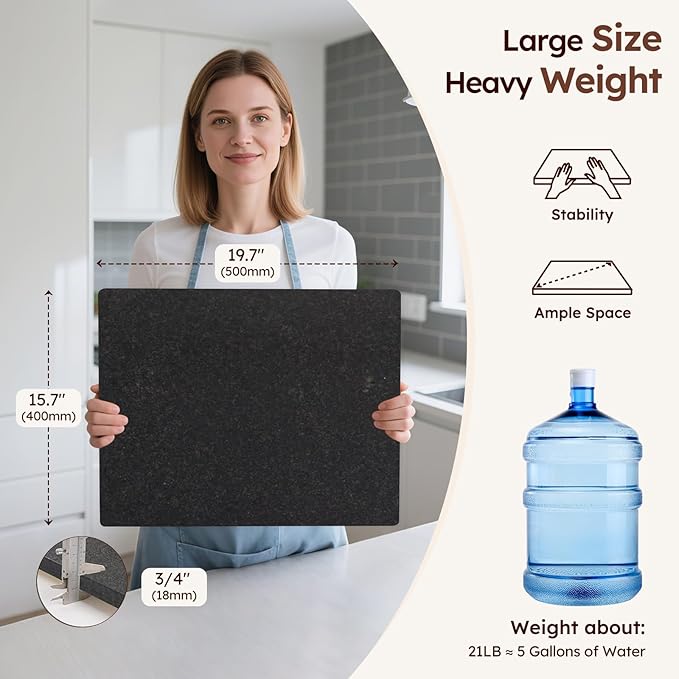 Diflart Natural Stone Cuttings Board for Kitchen, 16x20 Inch, Black, Granite Pastry Slab Large with Non-Slip Feet for Cheese, Charcuterie, Dough, Chocolate, Pack of 1 Piece