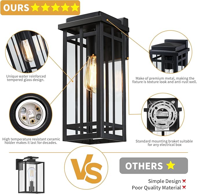13.8'' Outdoor Wall Light Fixtures 2 Packs, Black Porch Lights Outdoor Lighting for House, Exterior Lighting Fixtures Wall Lanterns, Waterproof Modern Outside Sconce Lights for Patio Garage(No Sensor)