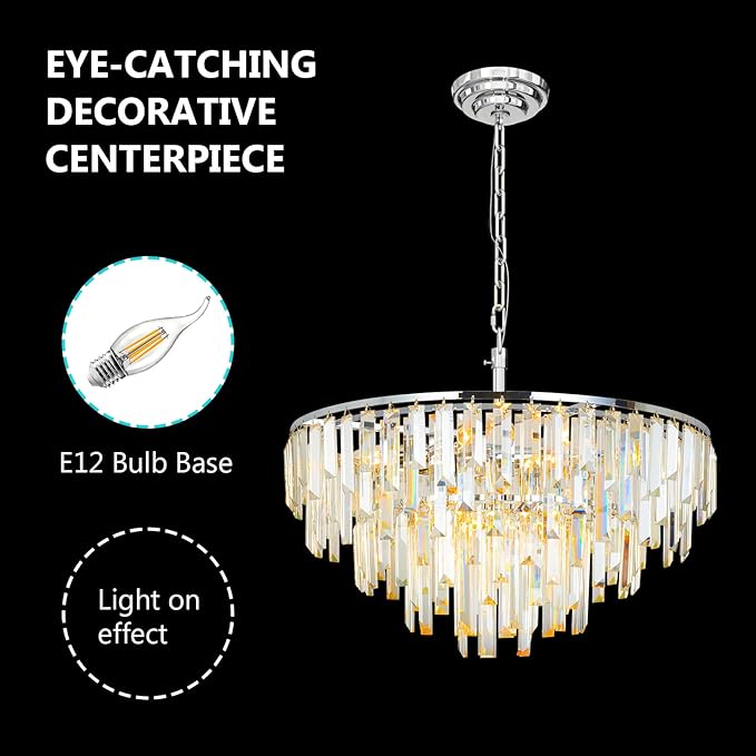 Chrome Modern Round Top K9 Crystal Chandelier Lighting Fixture, 8 Lights Round K9 Crystal Adjustable Hanging Lamp for Dining Room Bedroom Living Room,Hallway,Bar,Kitchen W24''