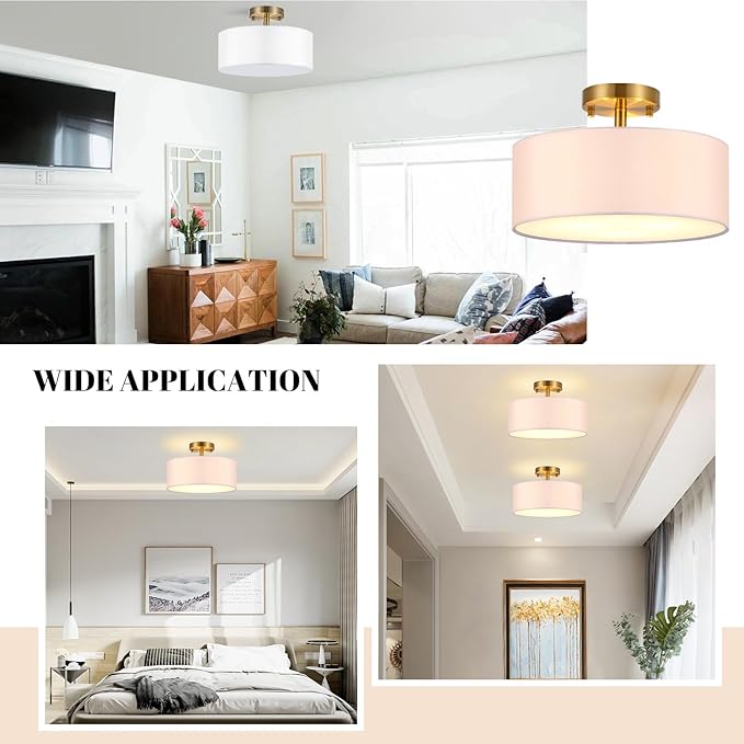 15 Inch Drum Light, Semi-Flush Mount Ceiling Light Fixture White Fabric Drum Shade and Gold Plating Finish,Ceiling lamp for Bedroom, Dining Room, Corridor, Living Room