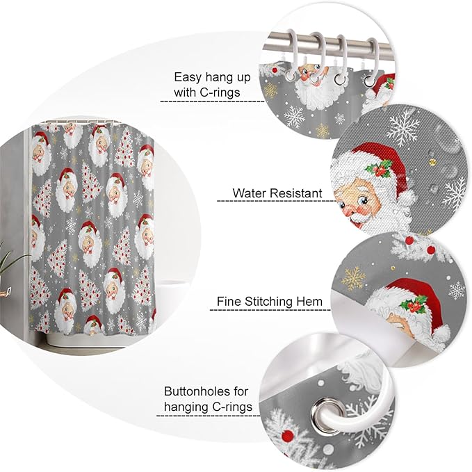 Grey Christmas Shower Curtain, Santa Claus Merry Christmas Tree Shower Curtains Set with Hooks, Winter Snowflake Waterproof Fabric Bathroom Curtains Decor Home Accessories,72 X 78 Inch Long