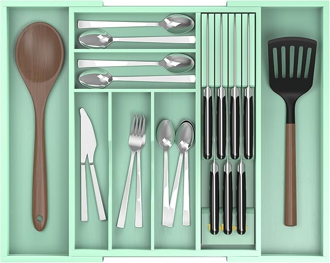 Bamboo Kitchen Drawer Organizer, Expandable Utensil Organizer with Removable Knife Block, Cutlery Tray Holder with Divider, Adjustable Silverware Organizer, Cyan