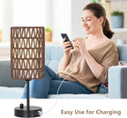 Bedside Lamps Set of 2, Touch Control Night Stand Lamp for Bedroom with Rattan & Linen Shade & Bulbs, 3 Way Dimmable Small Boho Table Lamps with USB Charging Port & Phone Stand (Coffee Color)