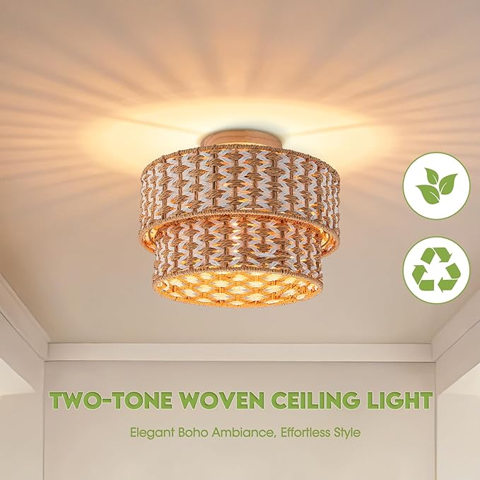 Boho Light Fixtures 2-Tone Rattan Ceiling Light Handwoven Drum Lamp Shade Flush Mount Ceiling Light Wooden Canopy Small Chandelier for Hallway Entryway Bedroom Kitchen Nursery Lights