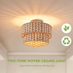 Boho Light Fixtures 2-Tone Rattan Ceiling Light Handwoven Drum Lamp Shade Flush Mount Ceiling Light Wooden Canopy Small Chandelier for Hallway Entryway Bedroom Kitchen Nursery Lights