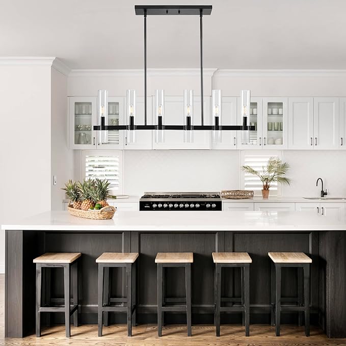 Untrammelife Modern 6-Light Linear Chandelier in Coal Black Finish 36" Farmhouse Rectangle Dining Room Light with Clear Glass Shade Linear Island Pendant Light for Kitchen Island Bedroom