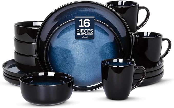 Romswi Dinnerware Set Stoneware Plates and Bowls Sets with Mugs, Chip & Scratch Resistant Dish Set, Handmade Reactive Glaze, Oven,Microwave and Dishwasher Safe, Dreamy Moonlight-Blue for 4,16 pcs