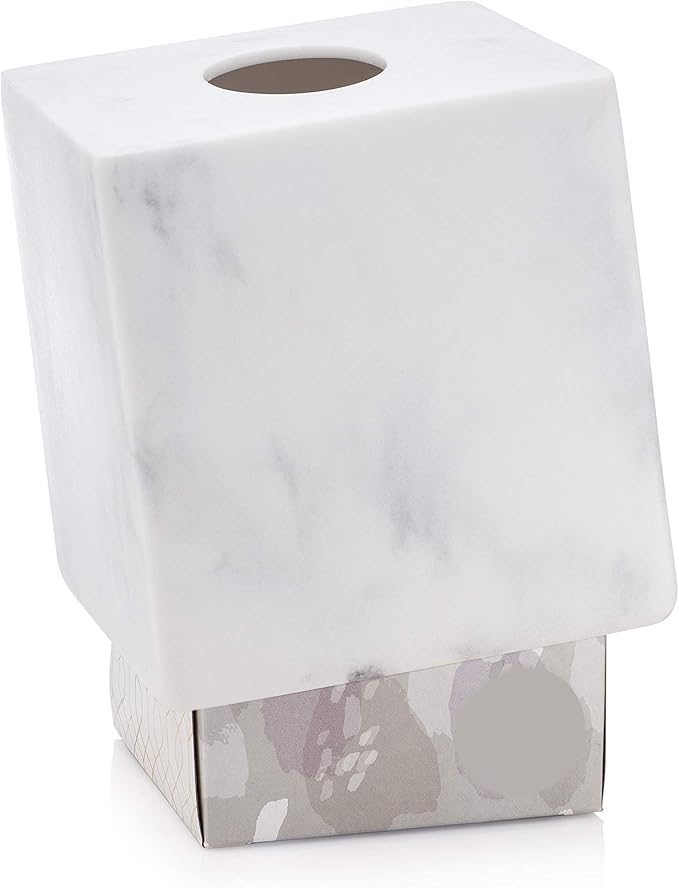 Essentra Home White Marble Square Tissue Box Cover - Blanc Collection
