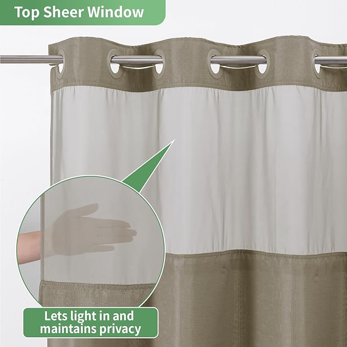 No Hook Shower Curtain with Snap-in Fabric Liner Set,Slub Textured Fabric Shower Curtains for Bathroom,Hotel Style Modern Shower Curtain,Water Repellent & Washable,71x77(75),Tan/Khaki
