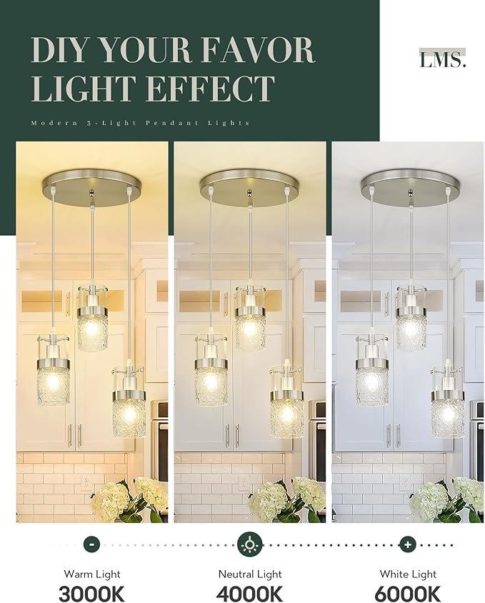 LMS 3-Light Brushed Nickel Cluster Pendant Light, Modern Dining Room Light Fixture with Hammered Glass, Hanging Chandelier Lighting for Dining Room, Kitchen Island, Bedroom, LMS-198