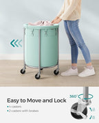 SONGMICS 29-Gallon (110 L) Laundry Basket with Wheels, Rolling Round Heavy-Duty Laundry Hamper Cart with Steel Frame and Removable Bag, 2 Locking Wheels, Mint Green and Metallic Silver URLS002C01