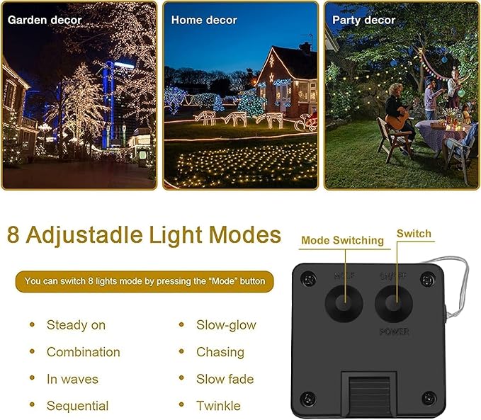 4Pack Solar String Lights for Outside, 400 LED Solar Christmas Lights Outdoor Waterproof with 8 Modes Solar Fairy Lights for Xmas Tree Party Wedding Garden Fence Decorations (Warm White)
