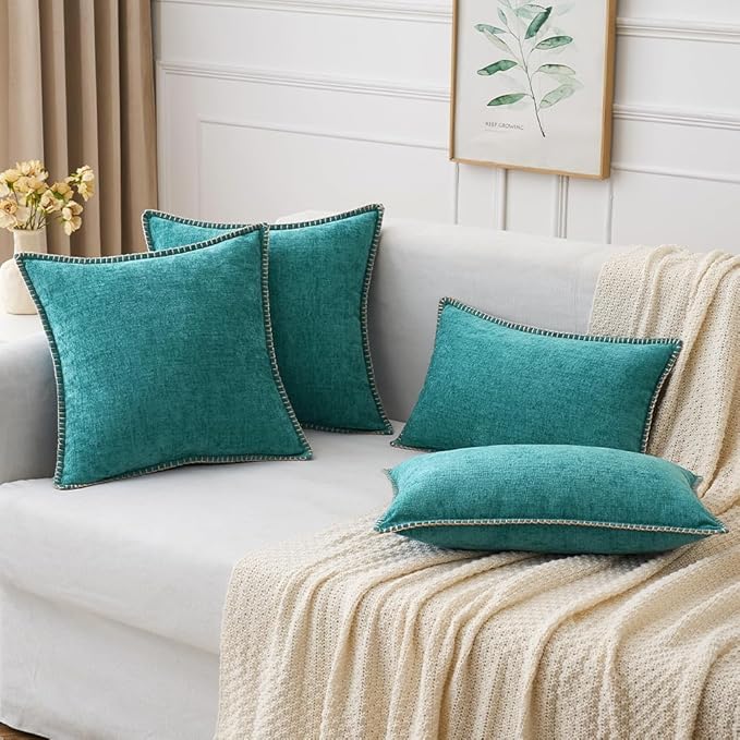 MIULEE Pack of 2 Couch Throw Pillow Covers 16x16 Inch Teal Farmhouse Decorative Pillow Covers with Stitched Edge Soft Chenille Solid Dyed Spring Pillow Covers for Sofa Bed Living Room