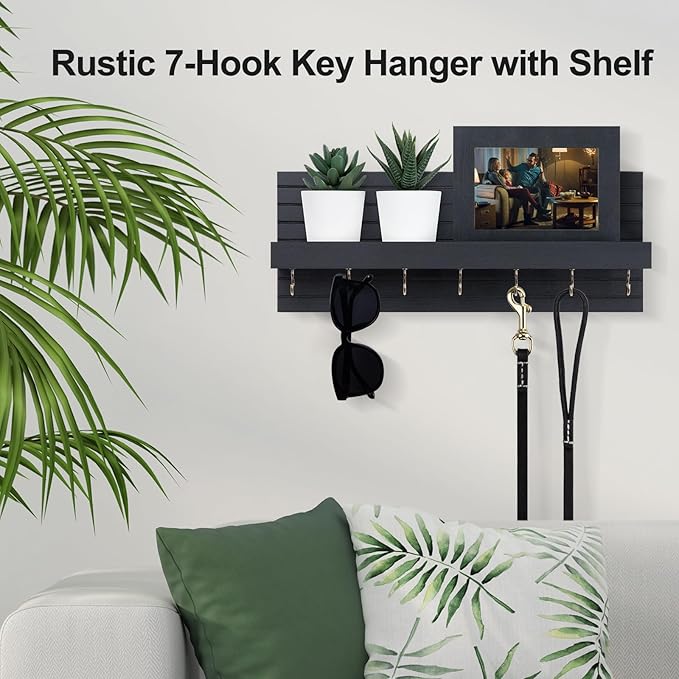 Key Holder Wall Mount, Entryway Mail Organizer with Shelf, Decorative Key Hanger with 7 Hooks Holds Leashes and Glasses, Includes Mounting Hardware (13.8” x 5.3” x 3.2”)