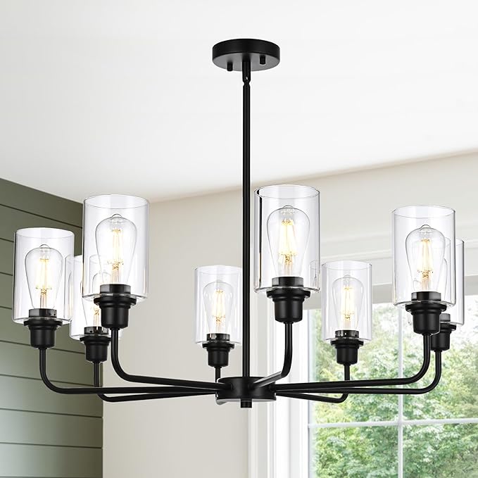 8-Light Modern Black Chandelier with Clear Glass Shades, E26 Base Farmhouse Pendant Light Fixture, Adjustable Swivel Heads Ceiling Lighting, Industrial Chandelier for Dining Room Kitchen Hallway