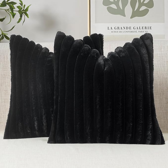 MIULEE Faux Fur Decorative Throw Pillow Covers 16x16 Inch Set of 2, French Modern Art Home Decor Soft Plush Couch Pillows Cozy Fluffy Cushion Covers for Sofa Bed Black