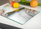 Glass Cutting Board 16"x12": Tempered Glass Kitchen Counter Protector - Durable- Scratch-Resistant, Heat-Proof - Design 7 - White & Gold