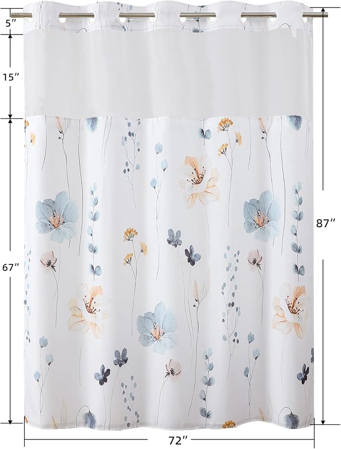 QiyI Flower Shower Curtain with Snap in Liner, Blue Beige Watercolor Floral Cloth Bath Curtains, No Hook Shower Curtains with Mesh Top Window, Fabric Waterproof Bathroom Curtain Set, 72 x 87 Inch