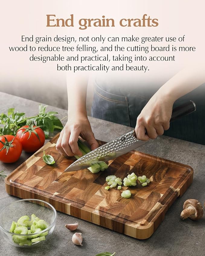 XINZUO Acacia Wood End Grain Cutting Board (13.8''L x 9.8''W x 1''T)-Wooden Chopping Board with Non-Slip Feet, Side Handles and Juice Groove