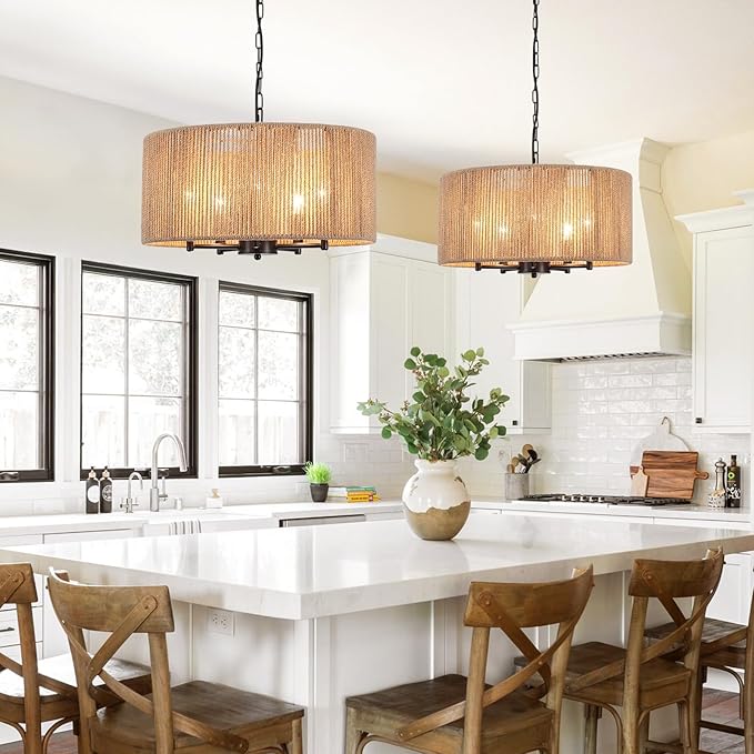 5 Lights Boho Chandelier for Dining Room,19" Hand-Woven Pendant Light Fixture Hanging Rattan Chandelier for Living Room Kitchen Entryway Hallway Foyer, Height Adjustment