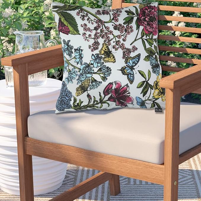 Water Resistant Outdoor Throw Pillows for Patio Furniture,18x18 Inch Decorative Pillows Set of 2 with Insert,Hidden Zipper Headrests for Sofa Couch Chair(Butterfly Flower)