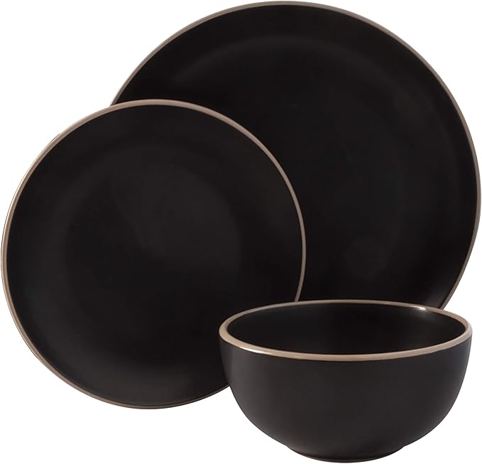 Gibson Home Rockaway Round Stoneware Dinnerware Sets, Service for 4 (12pcs), Black