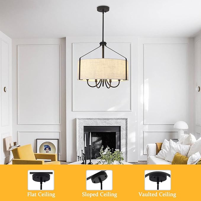 18'' Black Drum Chandelier for Dining Room Light Fixture 5-Light Modern Farmhouse Chandelier with Beige Linen Fabric Lampshade Large Drum Pendant Light Fixture for Kitchen Living Room Bedroom