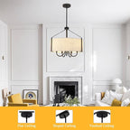 18'' Black Drum Chandelier for Dining Room Light Fixture 5-Light Modern Farmhouse Chandelier with Beige Linen Fabric Lampshade Large Drum Pendant Light Fixture for Kitchen Living Room Bedroom