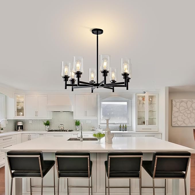 8 Light Black Chandeliers for Dining Room Light fixtures Over Table Modern Farmhouse Chandelier Industrial Hanging Pendant Lighting for Living Room Foyer Kitchen Table with Glass Shade