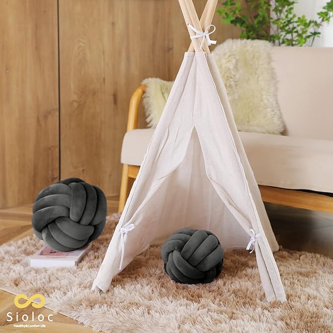 Sioloc Soft Knot Ball Pillows,Round Throw Pillow Cushion Home Decoration Plush Pillow,Throw Knotted Pillow Handmade Round Plush Pillow（7.8inches,Dark Grey）