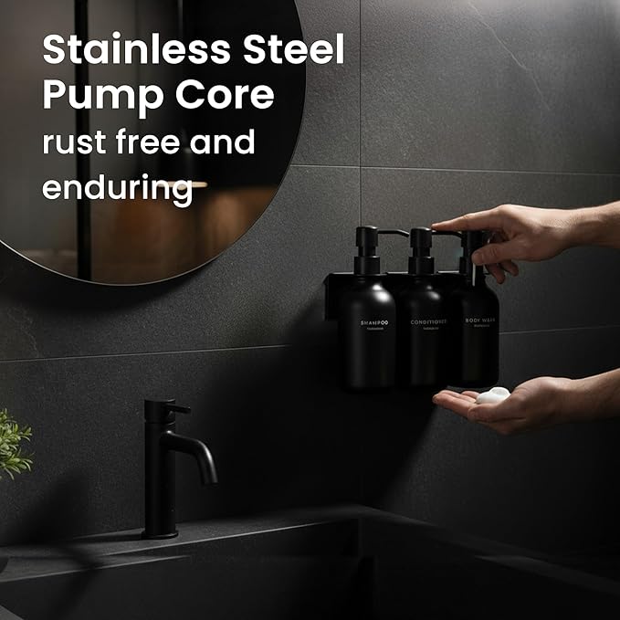 MaisoNovo Shampoo and Conditioner Dispenser - Shower Soap Dispenser Wall Mounted - 16.9 fl oz Set of 3 Black Plastic Bottles Black Pump - Shampoo Dispenser, Shower Dispenser