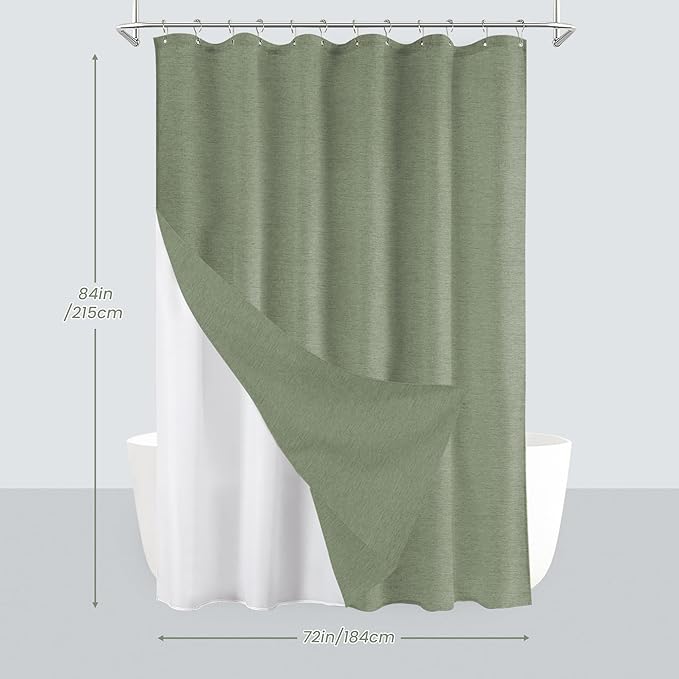 Inhousolu Boho Farmhouse Shower Curtain with Fabric Liner Set, Faux Linen Textured, 14 Metal Hooks Luxury Weighted Hem, Washable Wrinkle Free Bath Curtain for Hotel Bathroom 72" W x 84" L Sage Green